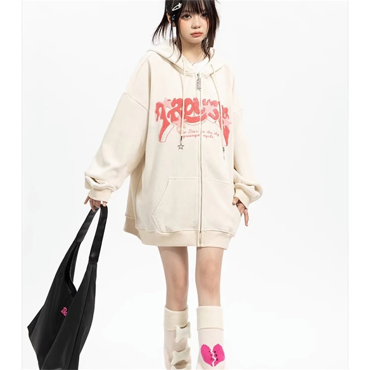 Hoodies Women Fashion Embroidery Zip Up Autumn Long Sleeve Tops Loose Hood Shirt Harajuku Y2K Clothes Female Sweatshirt Jacket