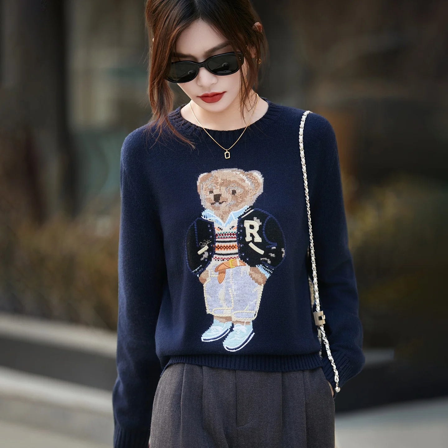 Korean Bear Embroidery Thickened Woolen Knitted Sweater Women's Base Layer Shirt Anti-Aging Sweater Fresh Sweet Style Princes...