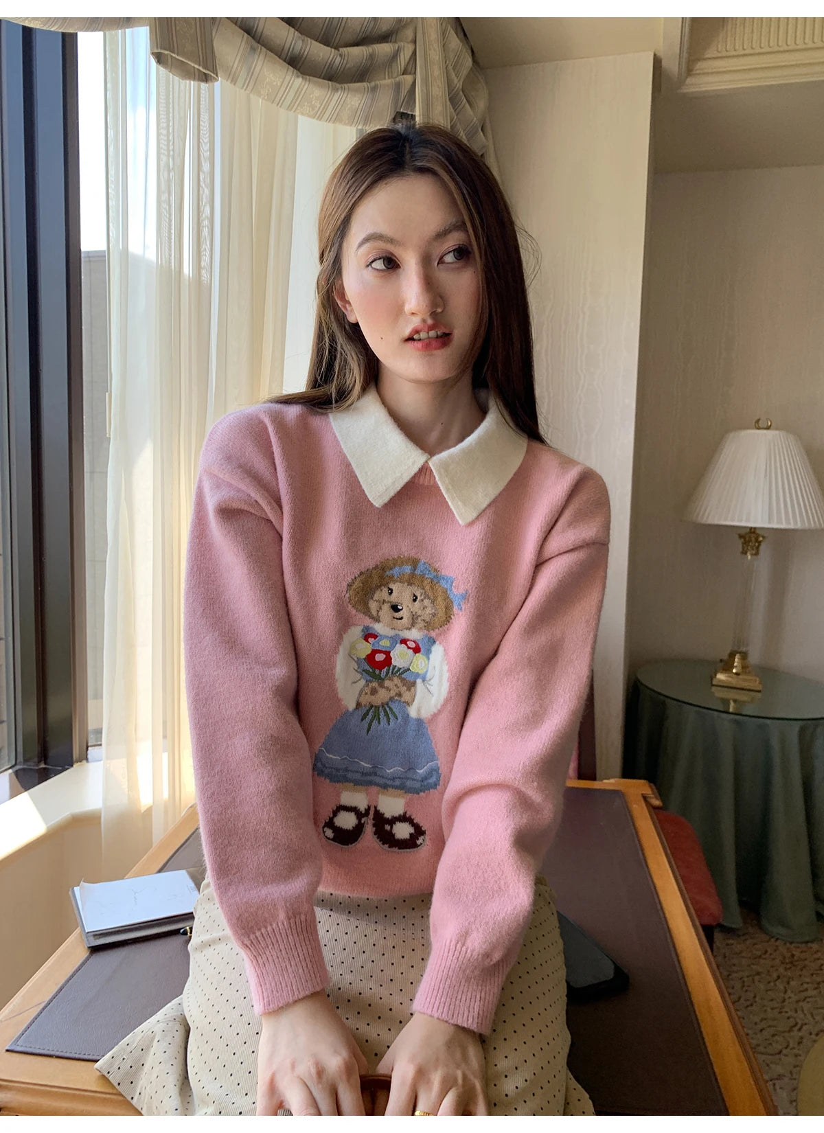 High Quality French Vintage Luxury Bear Jacquard Sweater For Women Autumn New Fashion Korean Casual Loose Pullover Knitted Tops