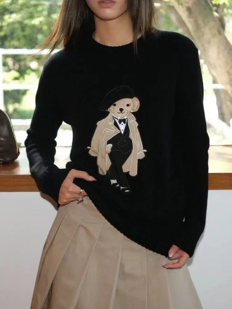 European Style Luxury Brand Loose O-Neck Bear Pullover Tops Knitwear Woman Long Sleeve T-shirt Ladies Wool Knitted Sweater Tops
