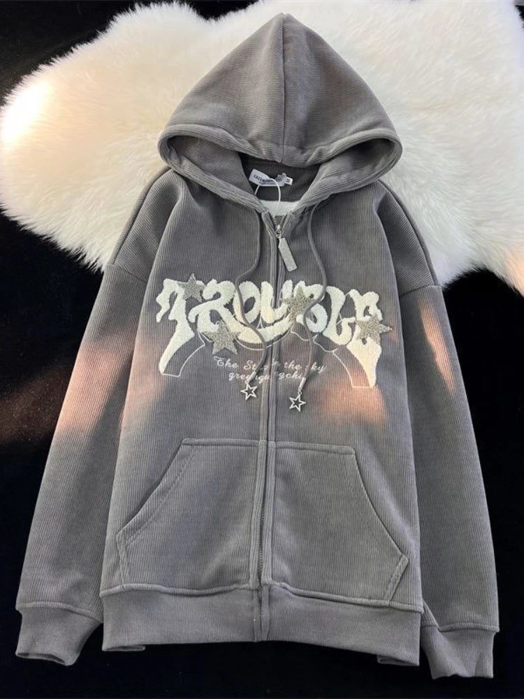 Hoodies Women Fashion Embroidery Zip Up Autumn Long Sleeve Tops Loose Hood Shirt Harajuku Y2K Clothes Female Sweatshirt Jacket