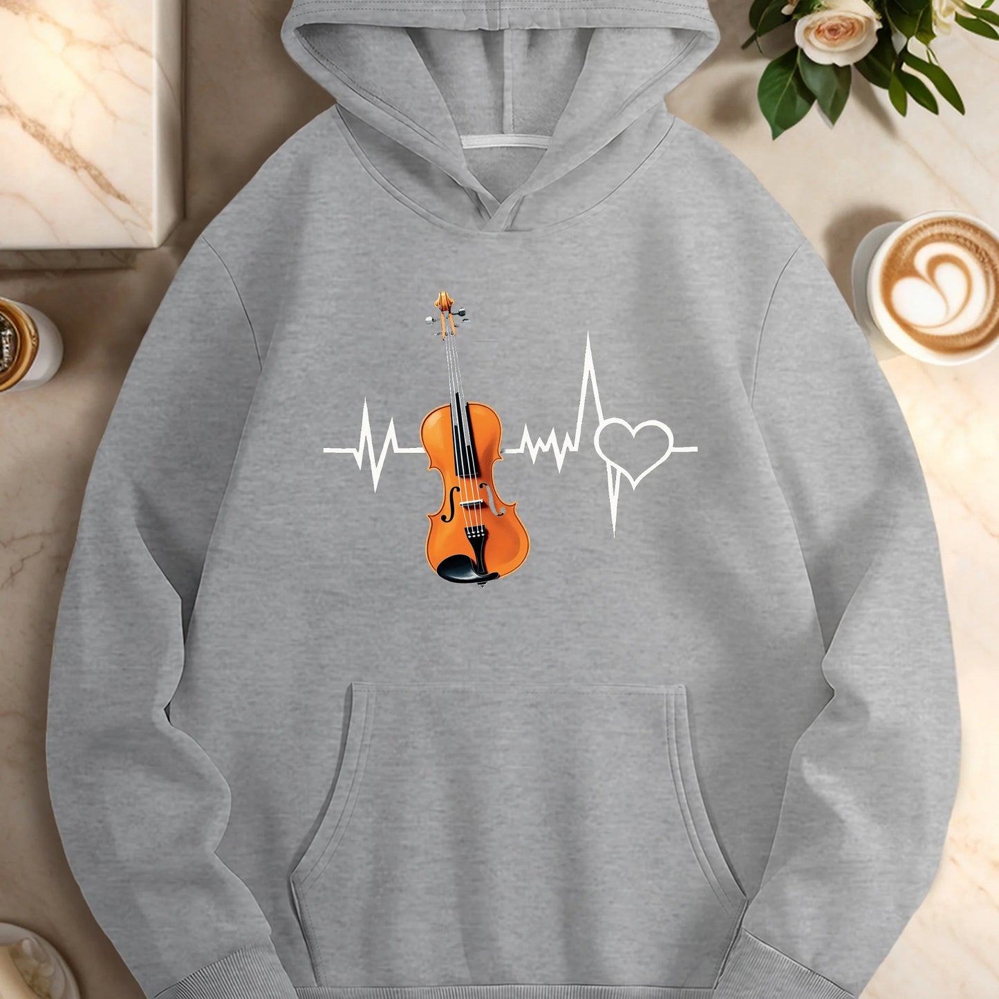 Violin with heartbeat cardiogram  women's casual hoodies