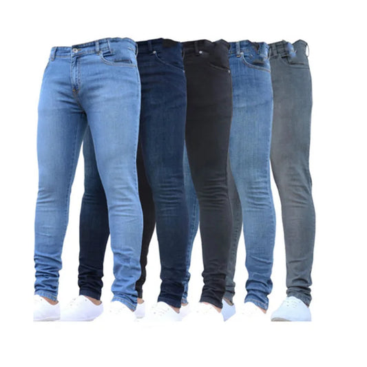 Men Jeans Pencil Pants Solid Color Mid Waist Slim Fit Pockets Slight Strech Spring 2024 Ankle Length Denim Casual Zipper