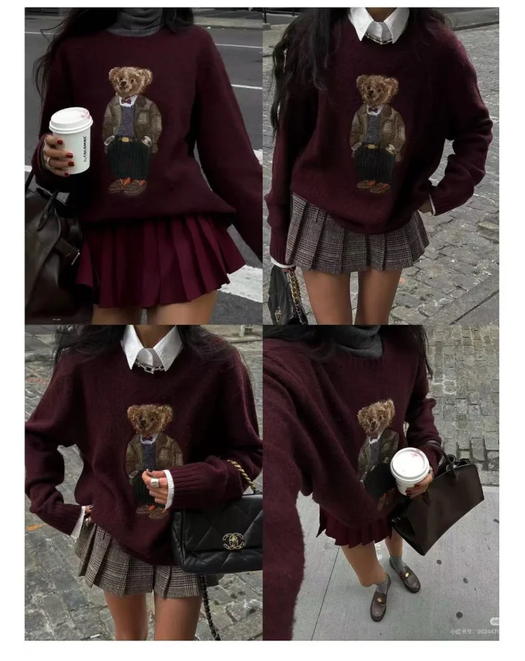 New autumn and winter RL bear cashmere round neck knitted long sleeved fashionable wool embroidered bear cartoon sweater