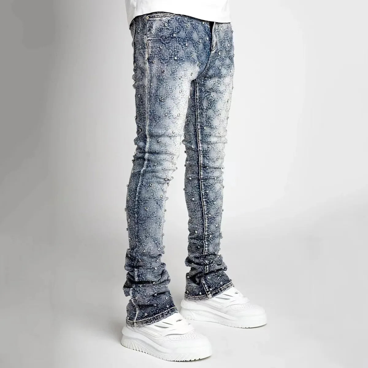 Men and women Harajuku Gothic retro rhinestone retro blue loose jeans pants high waisted wide leg pants