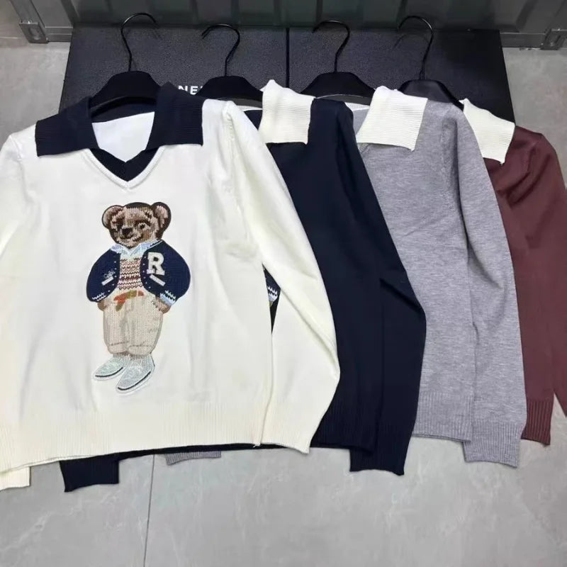 Knitted Sweater Women Design Bear Cartoon Embroidery Long Sleeve Pullover Tops Jumper Autumn