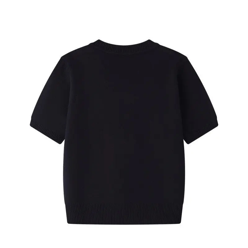 European Style Luxury Brand Loose O-Neck Bear Pullover Tops Knitwear Woman Short Sleeve T-shirt Ladies Wool Knitted Sweater
