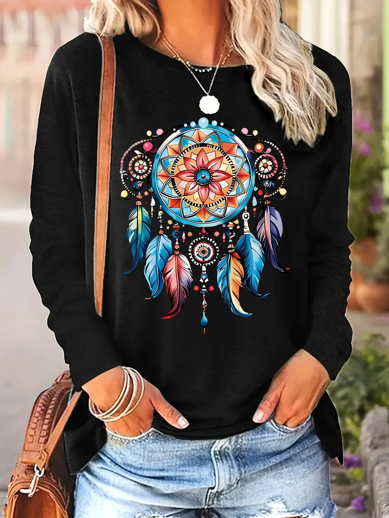 Faith Print Crew Neck T shirt Casual Long Autumn winter top women's long sleeved T-shirt loose comfortable black  white