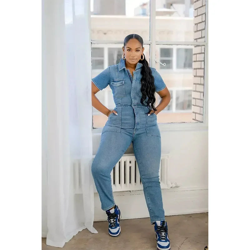 Fashion Jeans Plus Size Denim Jump Suits for Women Slim Short Sleeve Turn Down Collar Overalls Rompers Female One-piece Pants