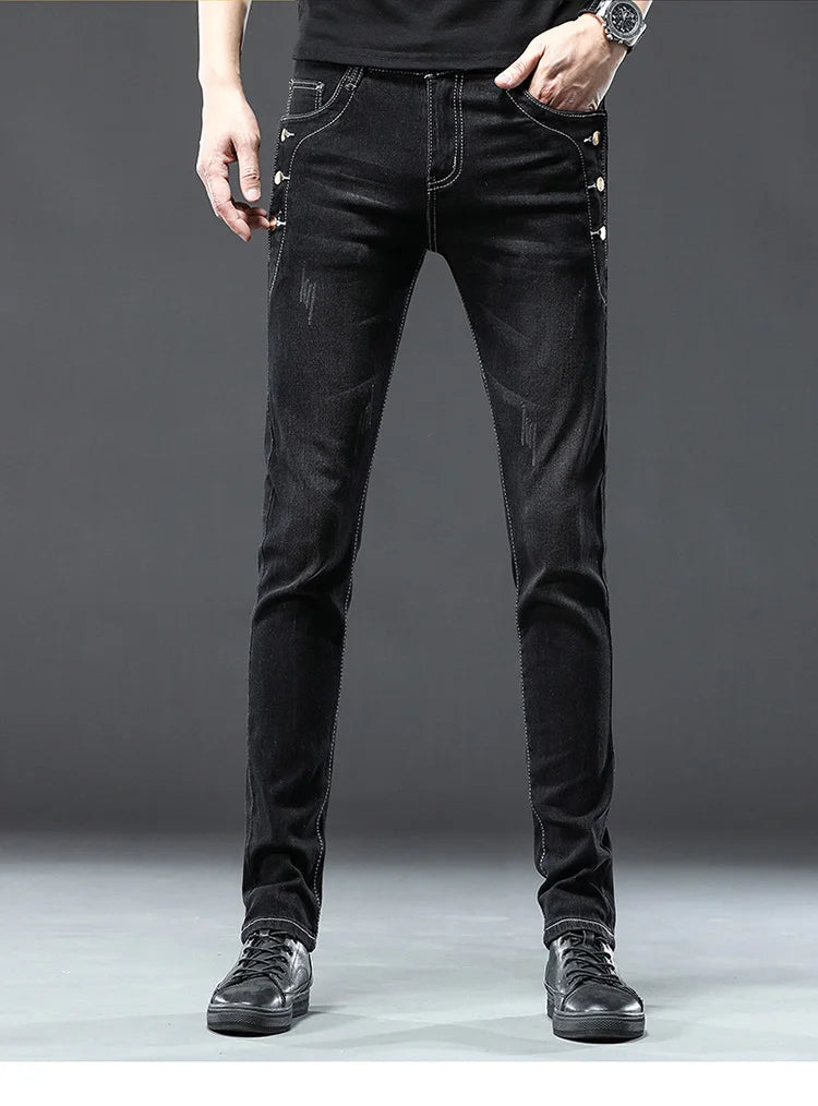 Men's Designer Jeans Snowflake Grey Wash Korean Fashion Stretch Pants Multi-button Denim Trousers