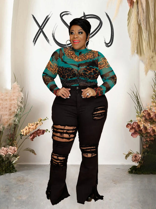 Pus Size  Ladies Jeans High Waist Woman Tassel Vintage Jeans Ripped Plus Size Fashion Elegant Flared Jeans Wholesale Dropshipping