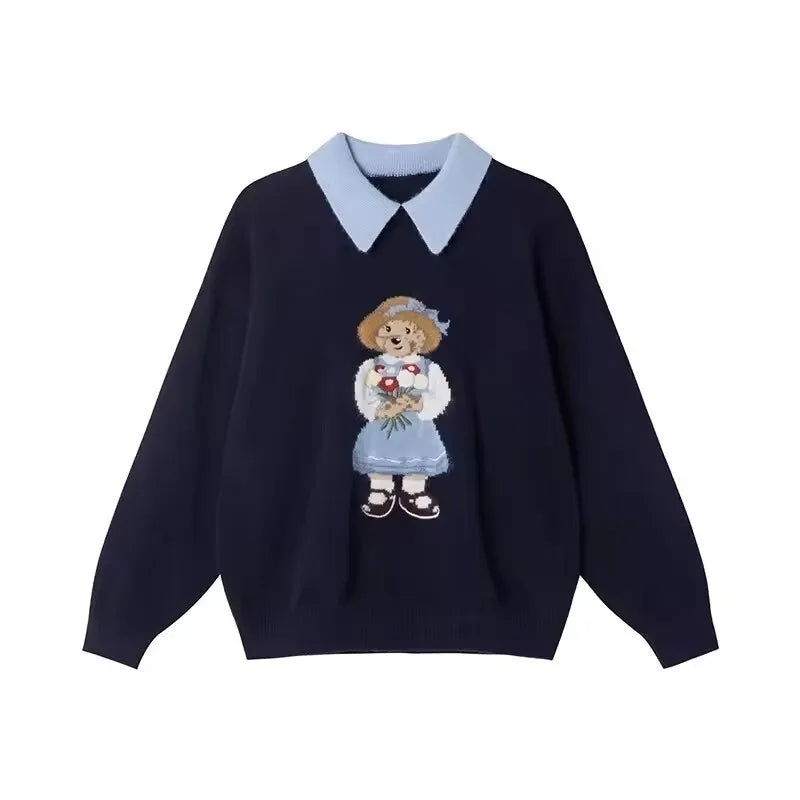 High Quality Fall Winter New Fashion Lazy Cartoon Bear Embroidery Loose Knitted Sweater Tops Women Casual Pullover Sweater Pull