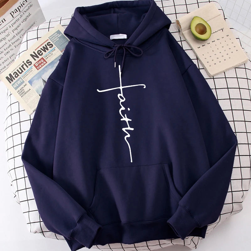 Women'S Fall Winter Hooded Streetwear Faith Print Back Hoodies Casual Drawstring Long Sleeve Kangaroo Pocket Sweatshirt Clothing