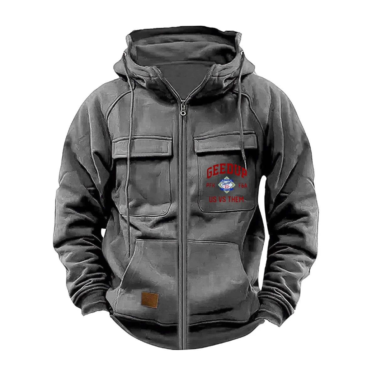 JUMPER Solid-Color Zipper Pullover Hooded Sweater Casual Loose Street-Style Multi-Pocket Hooded Sports Coat