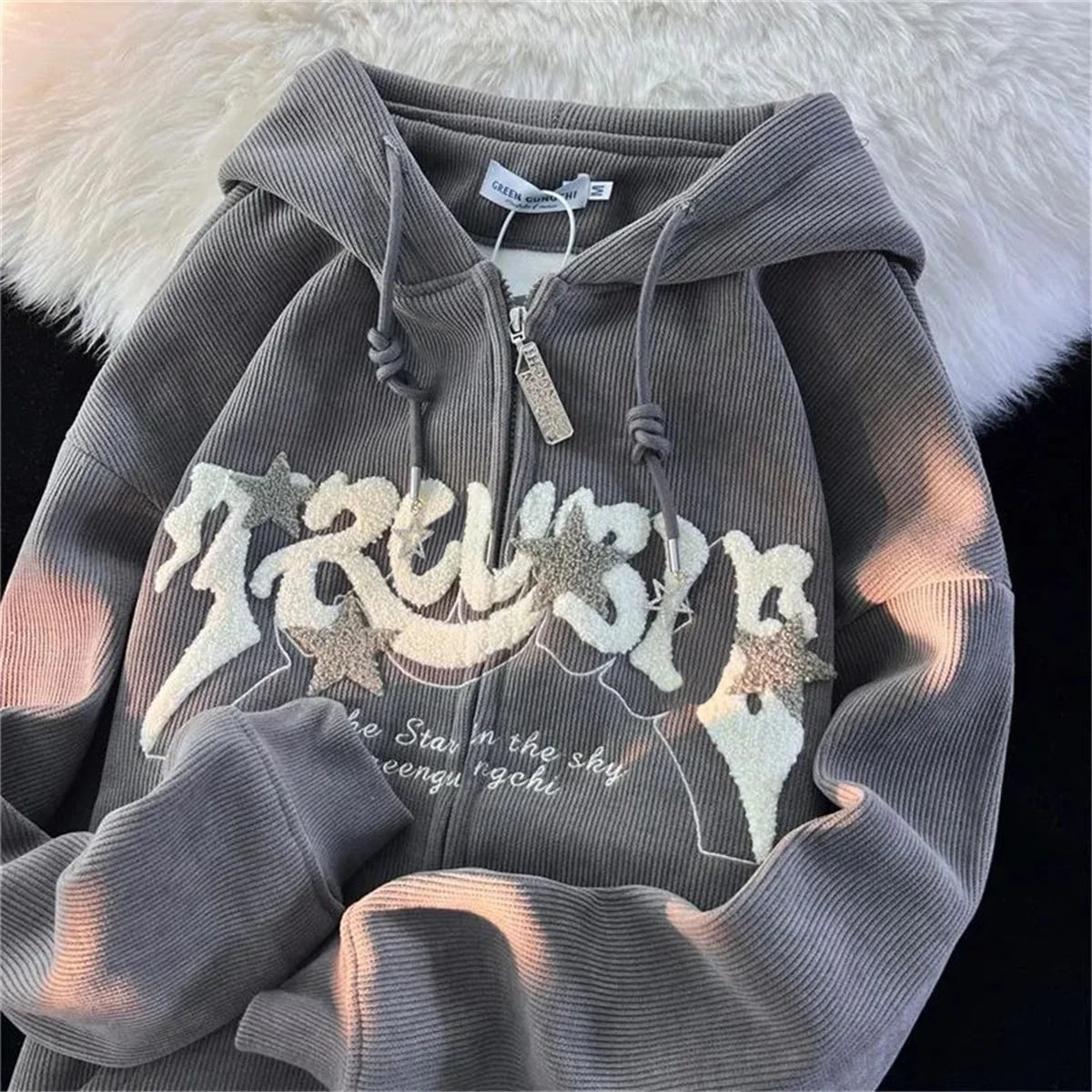 Hoodies Women Fashion Embroidery Zip Up Autumn Long Sleeve Tops Loose Hood Shirt Harajuku Y2K Clothes Female Sweatshirt Jacket