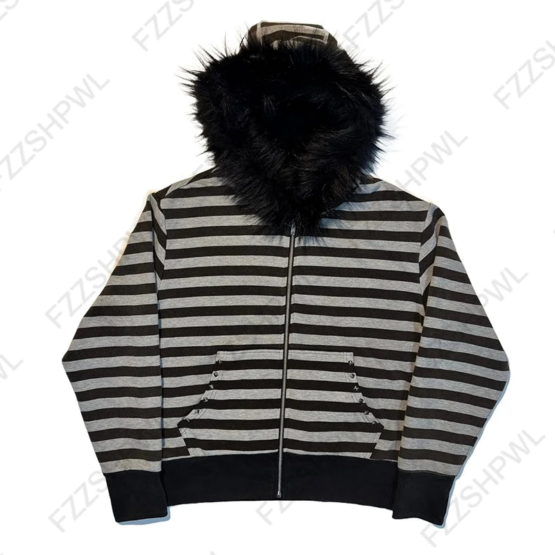 Hoodies Women's 2025 Gothic Aesthetic Autumn Winter Fur Collar Hoodie Casual Slim Chic Design Cardigan Sweatshirt 2000s Harajuku Clothes