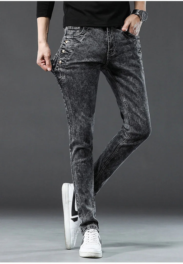 Men's Designer Jeans Snowflake Grey Wash Korean Fashion Stretch Pants Multi-button Denim Trousers