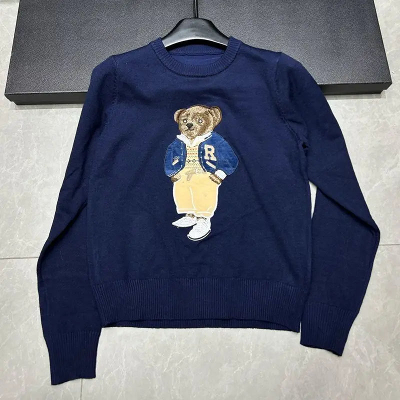 High Quality Fall Winter New Fashion Lazy Cartoon Bear Embroidery Loose Knitted Sweater Tops Women Casual Pullover Sweater Pull