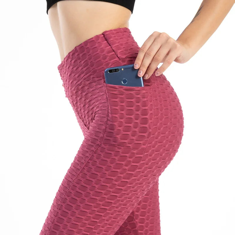 Leggings Women Fashion Pocket Bubble Pants Stretchy Slim Leggings Gym Running Cycling Fitness Pants High Waist Hip Lift Leggings Female