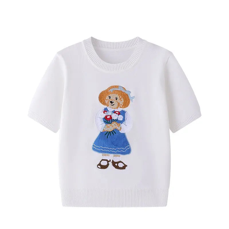 European Style Luxury Brand Loose O-Neck Bear Pullover Tops Knitwear Woman Short Sleeve T-shirt Ladies Wool Knitted Sweater