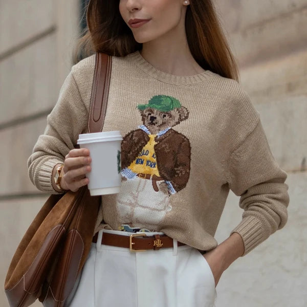 Loose Fit round Ne Knitted Sweater Cotton Bear Cartoon Design Casual Sle Women's Faion Autumn Winter Wool Blend Top