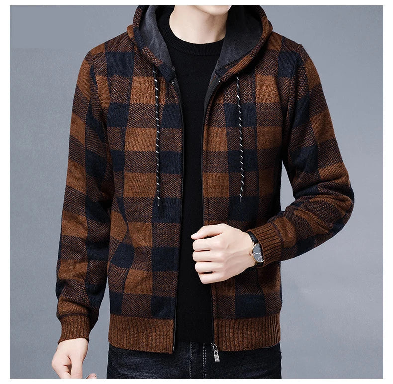 Sweater Jacket Fashion Winter Coat Fleece Hoodies High Quality Luxury Checkered Hooded Knit Cardigan Male Outer Wear
