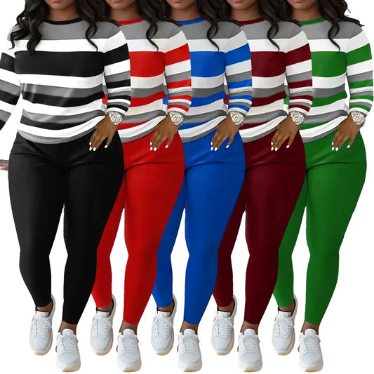 Fashionable Striped Print Long Sleeve round Neck Pants Set Women's Clothing Polyester Fiber from Mainland China D9698 Hot Sale
