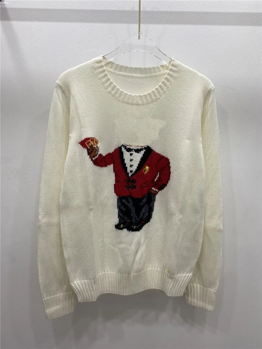 Soft Cotton Knit Sweater Women's Bear Embroidery Round Neck Top Autumn Winter Comfortable Wear Casual Embroidery Pullover