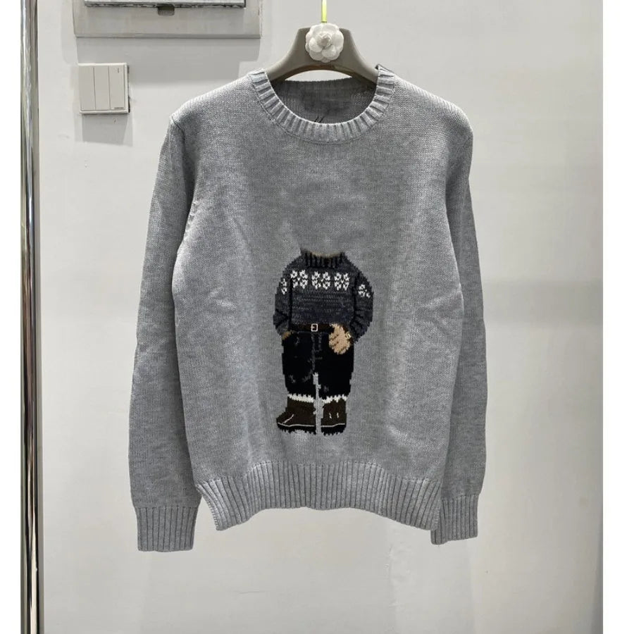 Soft Cotton Knit Sweater Women's Bear Embroidery Round Neck Top Autumn Winter Comfortable Wear Casual Embroidery Pullover