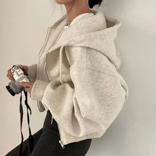 Hoodies Women ,Casual Hood Sweatshirt Women Y2K Zip Up Hoodies Solid Harajuku Long Sleeve Shirt Oversized Crop Tops Female Loose Jackets Coat