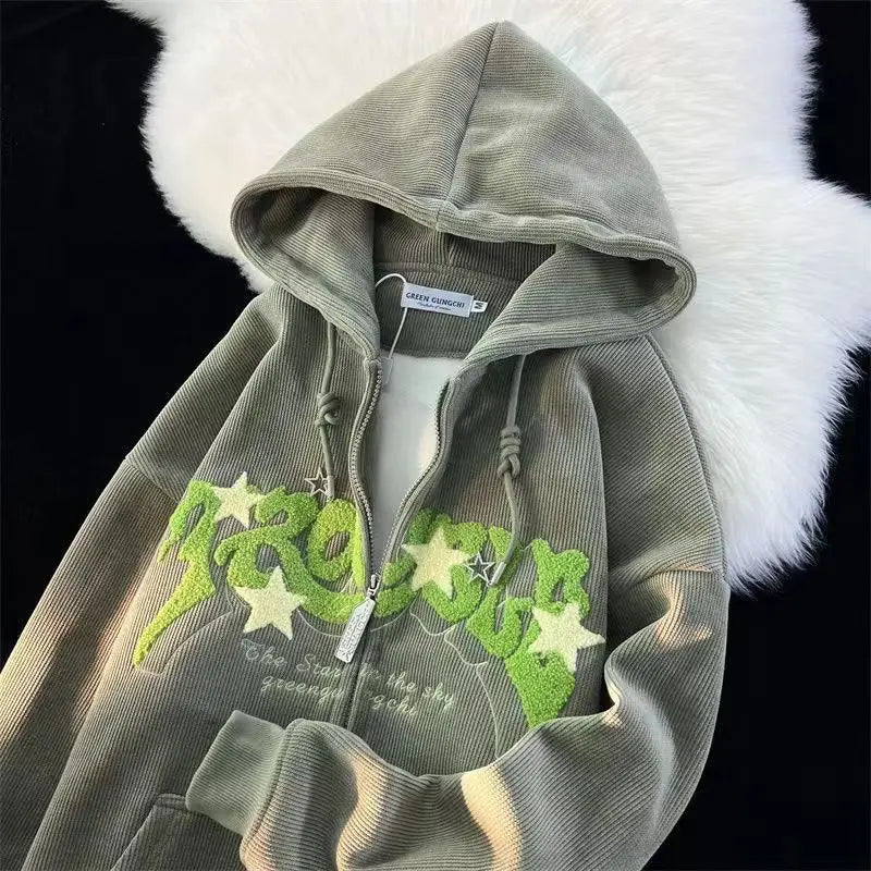 Hoodies Women Fashion Embroidery Zip Up Autumn Long Sleeve Tops Loose Hood Shirt Harajuku Y2K Clothes Female Sweatshirt Jacket