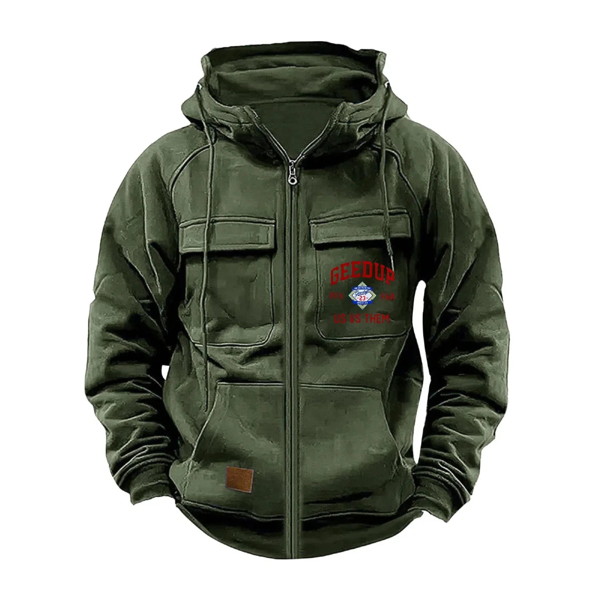 JUMPER Solid-Color Zipper Pullover Hooded Sweater Casual Loose Street-Style Multi-Pocket Hooded Sports Coat