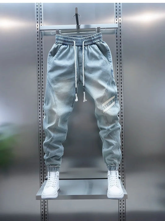 Men's Summer Slim Fit Jeans Light Blue Elastic Waist Patchwork Casual Pants Tapered Leg Jeans Harlan Sle Breathable Comfort...