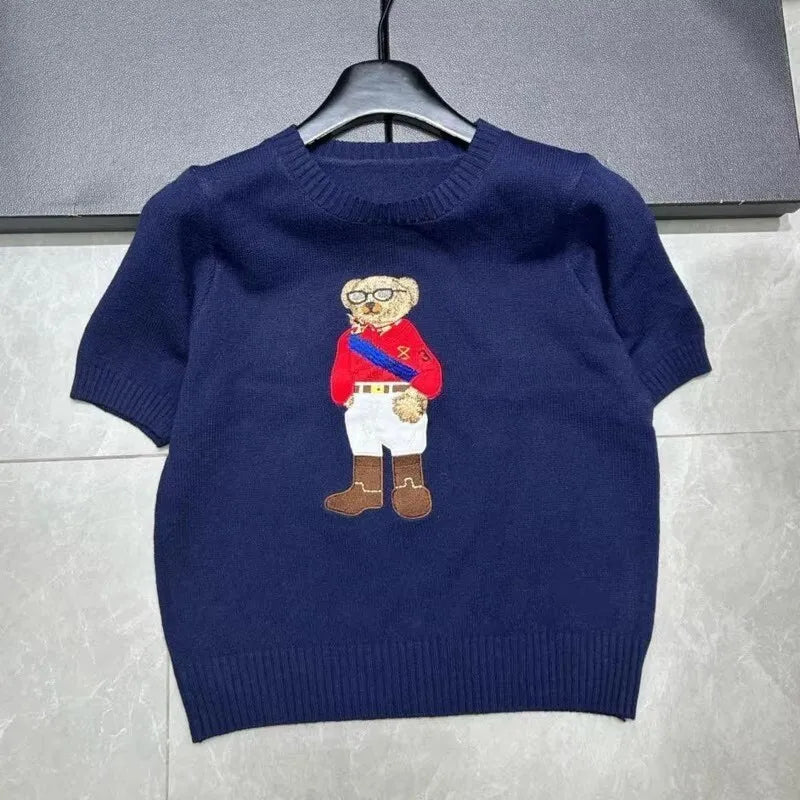European Style Luxury Brand Loose O-Neck Bear Pullover Tops Knitwear Woman Short Sleeve T-shirt Ladies Wool Knitted Sweater