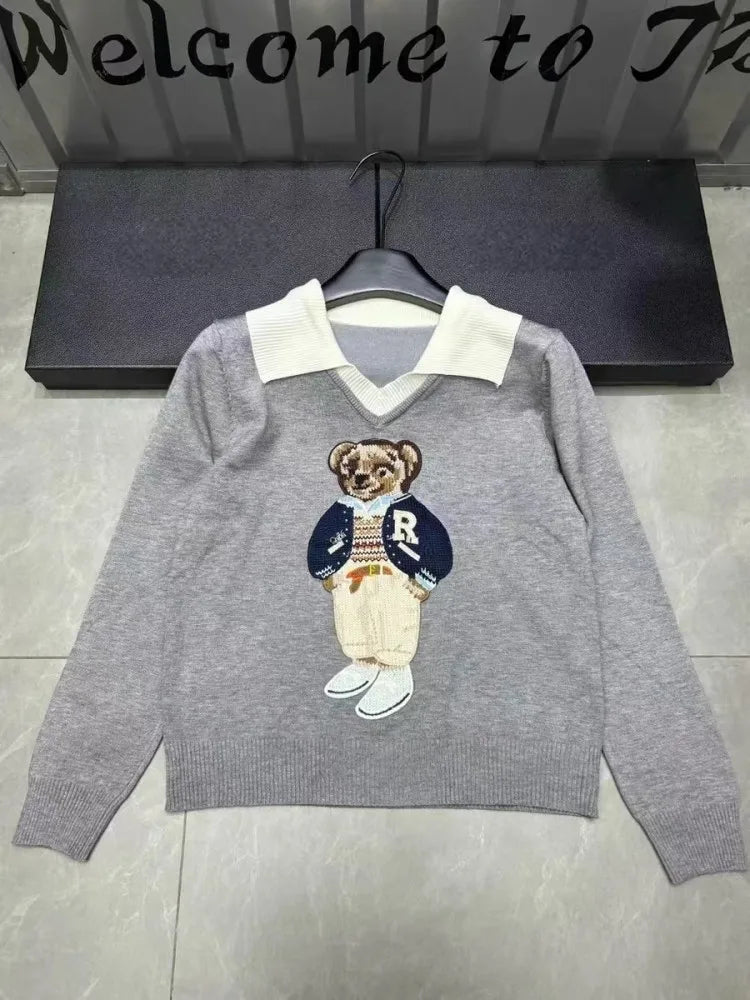High Quality French Knitted Sweater Women Bear Cartoon Design Embroidery Long Sleeve Pullover Tops Jumper