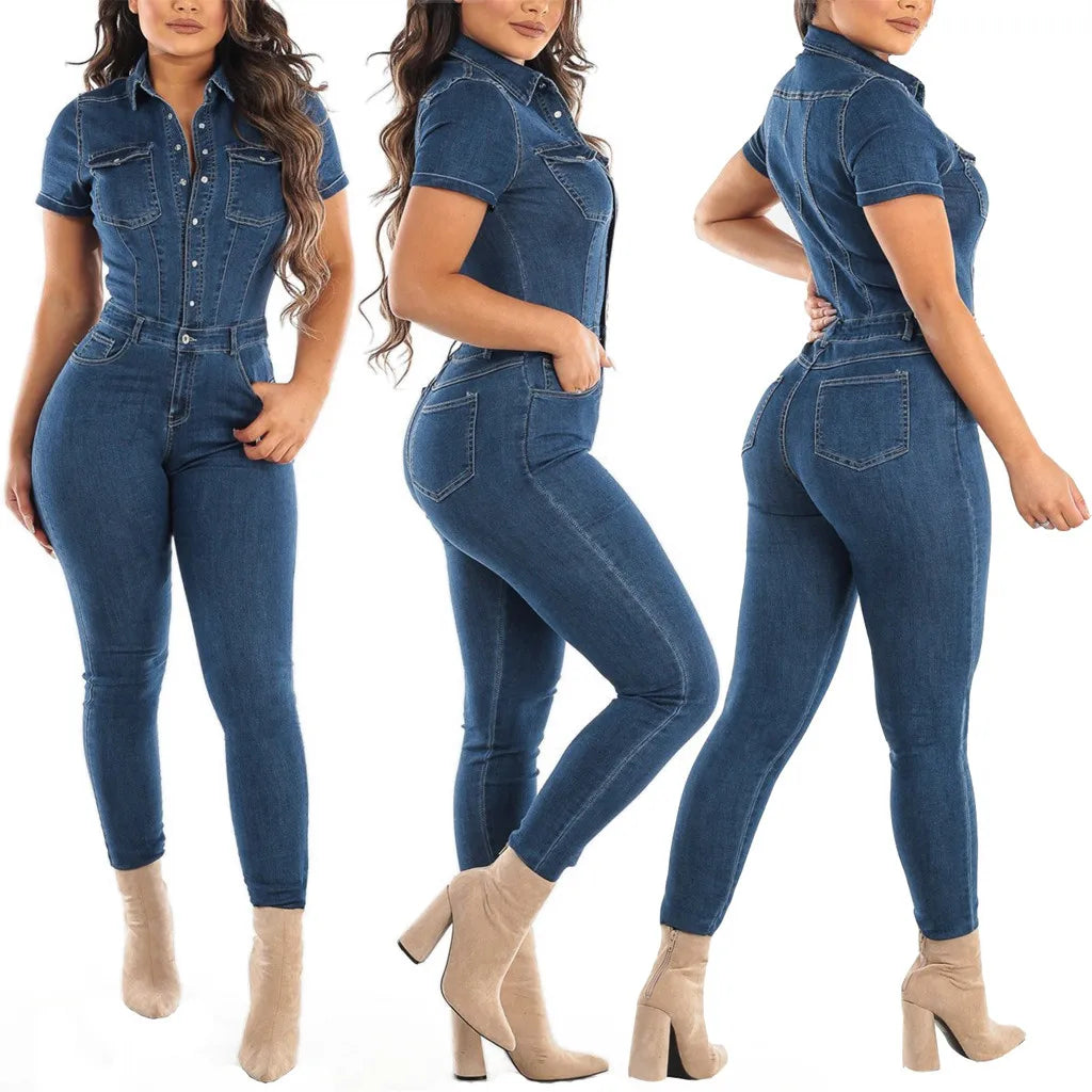 Womens' Jeans Button Tight Fit Fitting Casual Distressed Pants Jumpsuits Short Sleeves Jumpsuit Slim-Fit Long Trousers Mujer