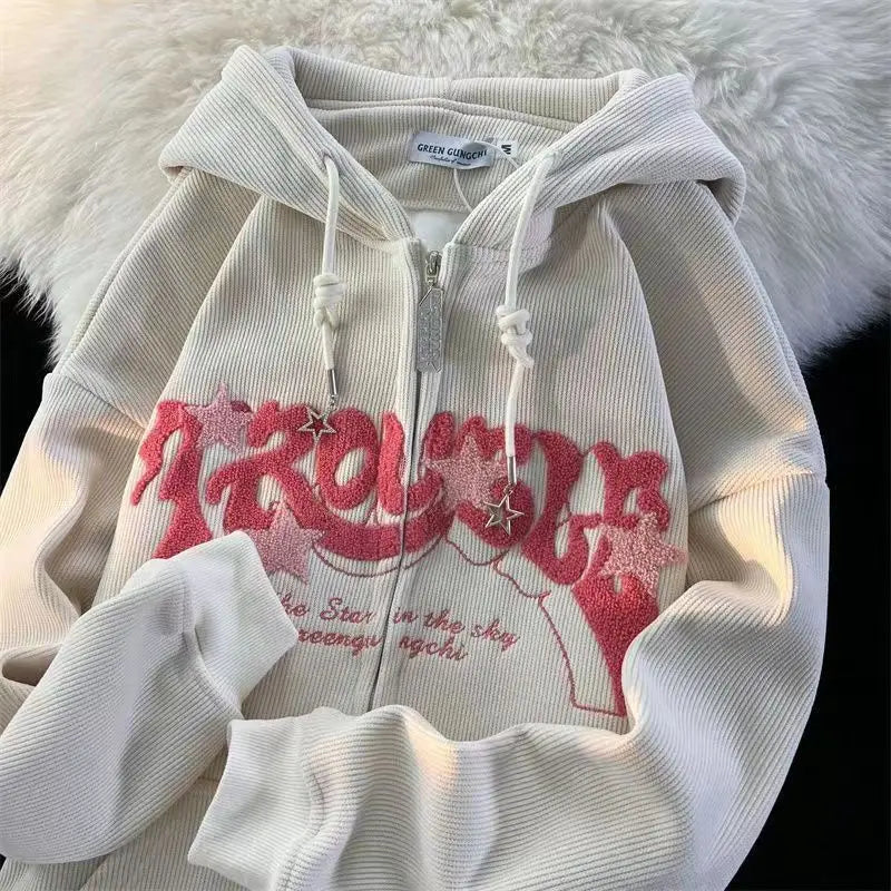 Hoodies Women Fashion Embroidery Zip Up Autumn Long Sleeve Tops Loose Hood Shirt Harajuku Y2K Clothes Female Sweatshirt Jacket