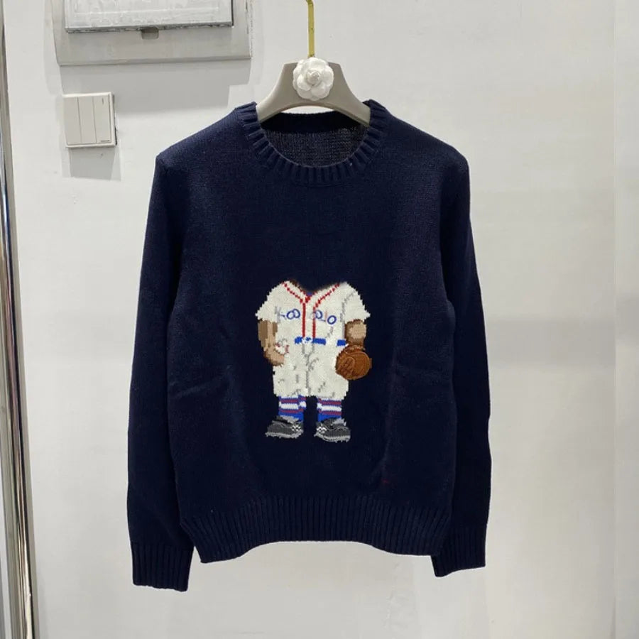 Soft Cotton Knit Sweater Women's Bear Embroidery Round Neck Top Autumn Winter Comfortable Wear Casual Embroidery Pullover