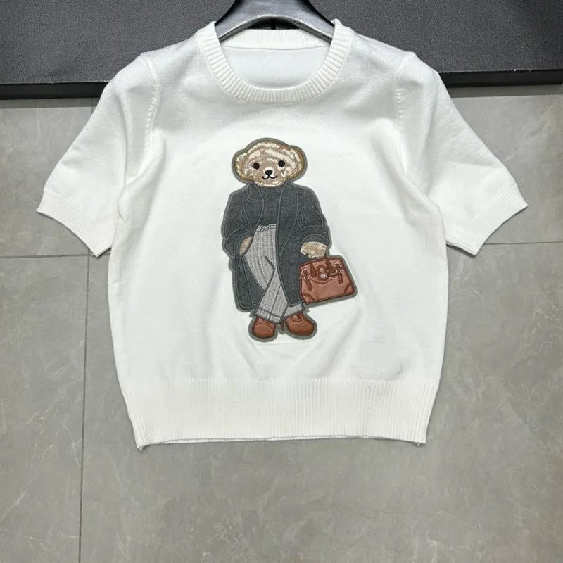 European Style Luxury Brand Loose O-Neck Bear Pullover Tops Knitwear Woman Short Sleeve T-shirt Ladies Wool Knitted Sweater