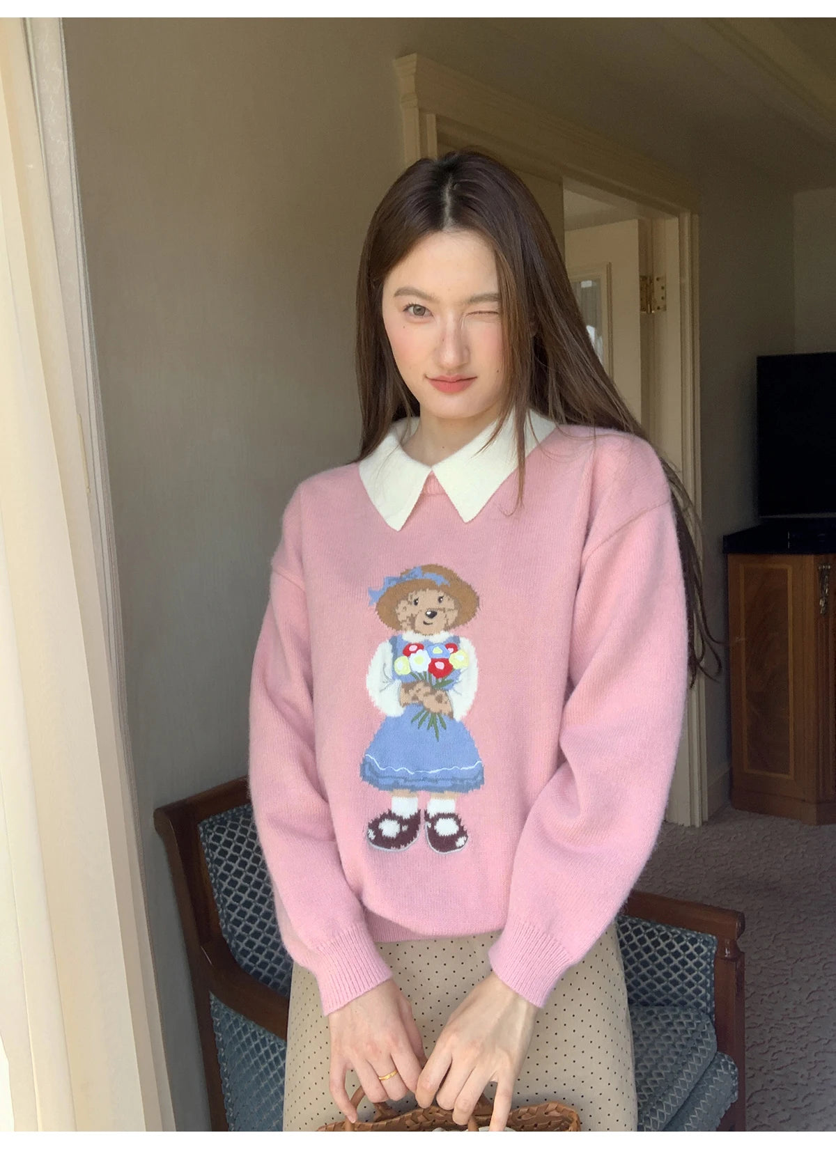 High Quality French Vintage Luxury Bear Jacquard Sweater For Women Autumn New Fashion Korean Casual Loose Pullover Knitted Tops