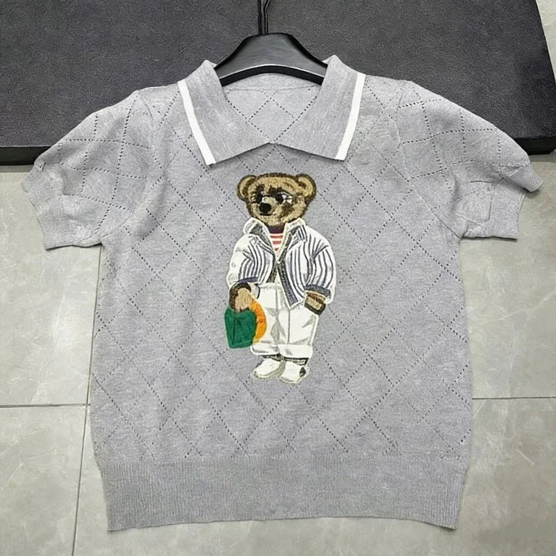 Cartoon Bear Thin Knit Pullover Women 2026 New Summer Short Sleeve Sweater Jumper Cropped Tops Fashion Women's Clothes