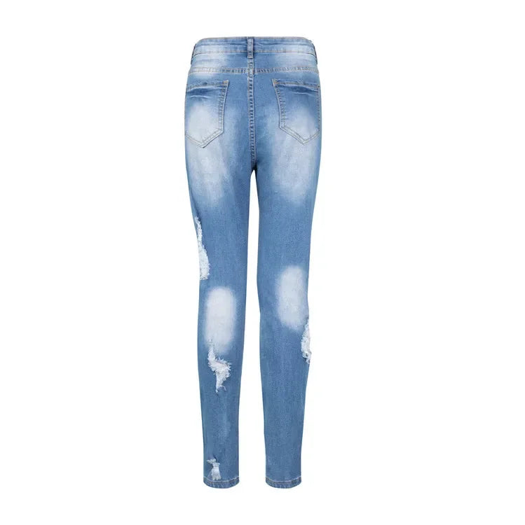 Hot Sale Woman Dark Blue Ripped Jeans Fashion High Waist Skinny Denim Jeans Stretch Slim Pencil Pants S-3XL Drop Shipping