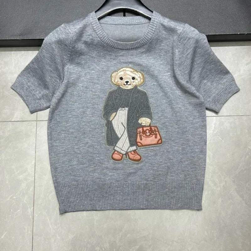 European Style Luxury Brand Loose O-Neck Bear Pullover Tops Knitwear Woman Short Sleeve T-shirt Ladies Wool Knitted Sweater