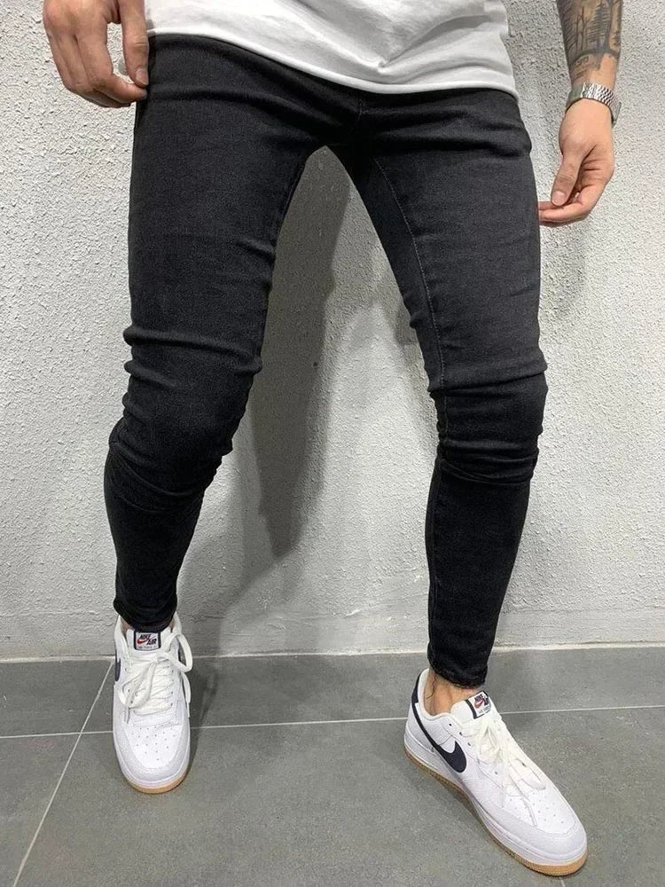 Male Hip-hop Trousers Pure Color Ripped Jeans Men Slim Long Pencil Pant Men Clothing High Quality Men Fashion Thin Skinny Jeans