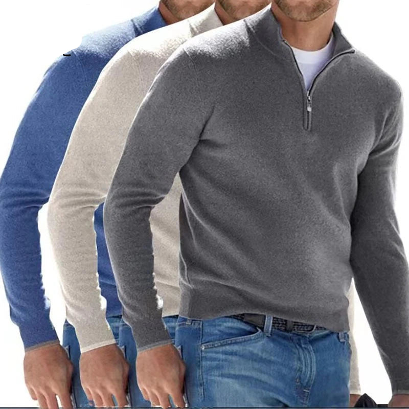 Men's Sweatwear Warm Pullover Solid Color Half Zipper Casual Sweater Slim V-neck Long Sleeve