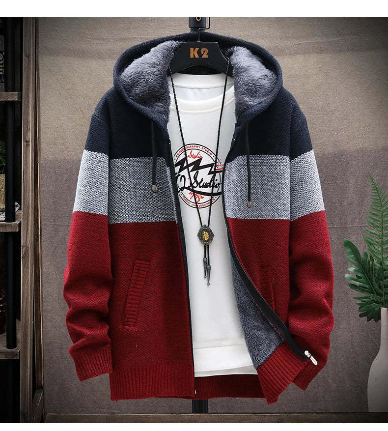 Sweater Fleece Coat Striped Jackets Fashion Hoodies Winter Autumn Thick Warm Windbreaker Pullovers Male Clothing