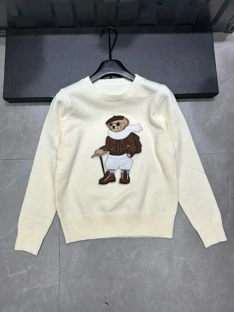 High Quality Fall Winter New Fashion Lazy Cartoon Bear Embroidery Loose Knitted Sweater Tops Women Casual Pullover Sweater Pull