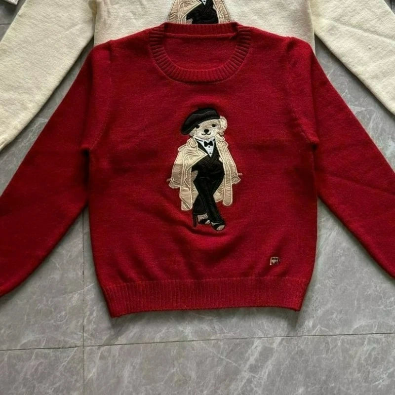 European Style Luxury Loose O-Neck Bear Pullover Women Autumn Winter Fashion Womens Tops Casual Ladies Knitted T-shirt Sweater