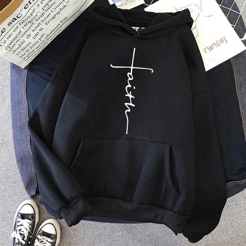 Women'S Fall Winter Hooded Streetwear Faith Print Back Hoodies Casual Drawstring Long Sleeve Kangaroo Pocket Sweatshirt Clothing