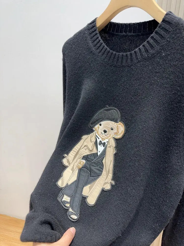 European Style Luxury Brand Loose O-Neck Bear Pullover Tops Knitwear Woman Long Sleeve T-shirt Ladies Wool Knitted Sweater Tops